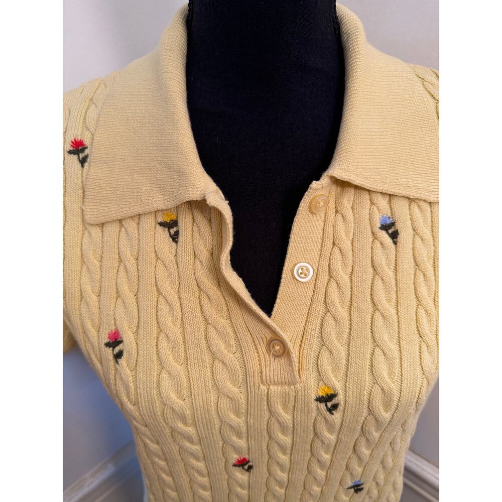NWT Calligraphie Yellow Cable Knit Floral Embroidered Sweater Polo Top Cottage - Picture 3 of 8